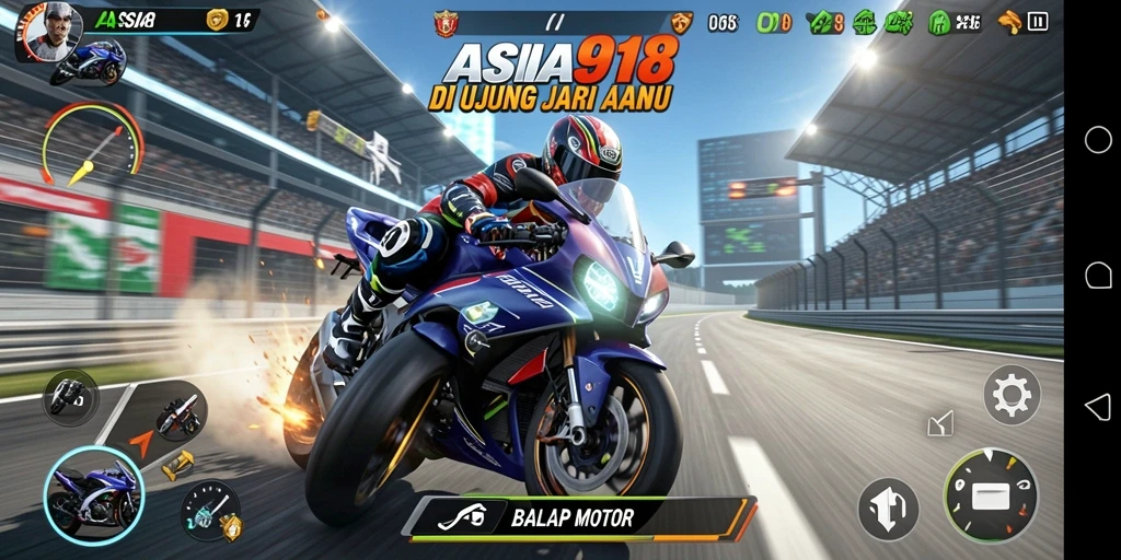 Screenshot dari antarmuka ASIA918 yang menampilkan balapan motor seru.