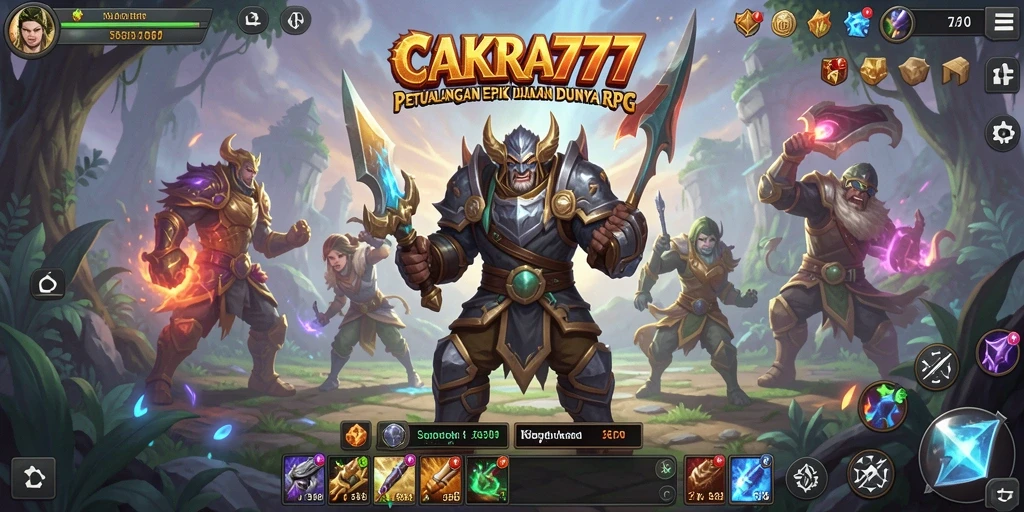 Tampilan antarmuka CAKRA777 menampilkan karakter dan pertarungan RPG yang intens.